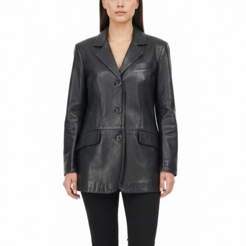 Versari Womens Black Leather Blazer Jacket Made In Italy Size 42